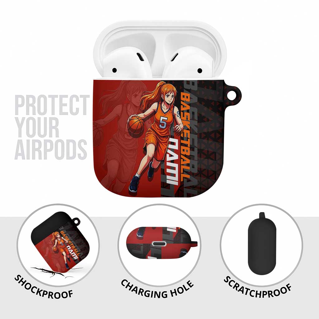 Nami One Piece Basketball Theme Red and Black Design AirPods Case with Action Pose and Straw Hat Logo - The Mazicc