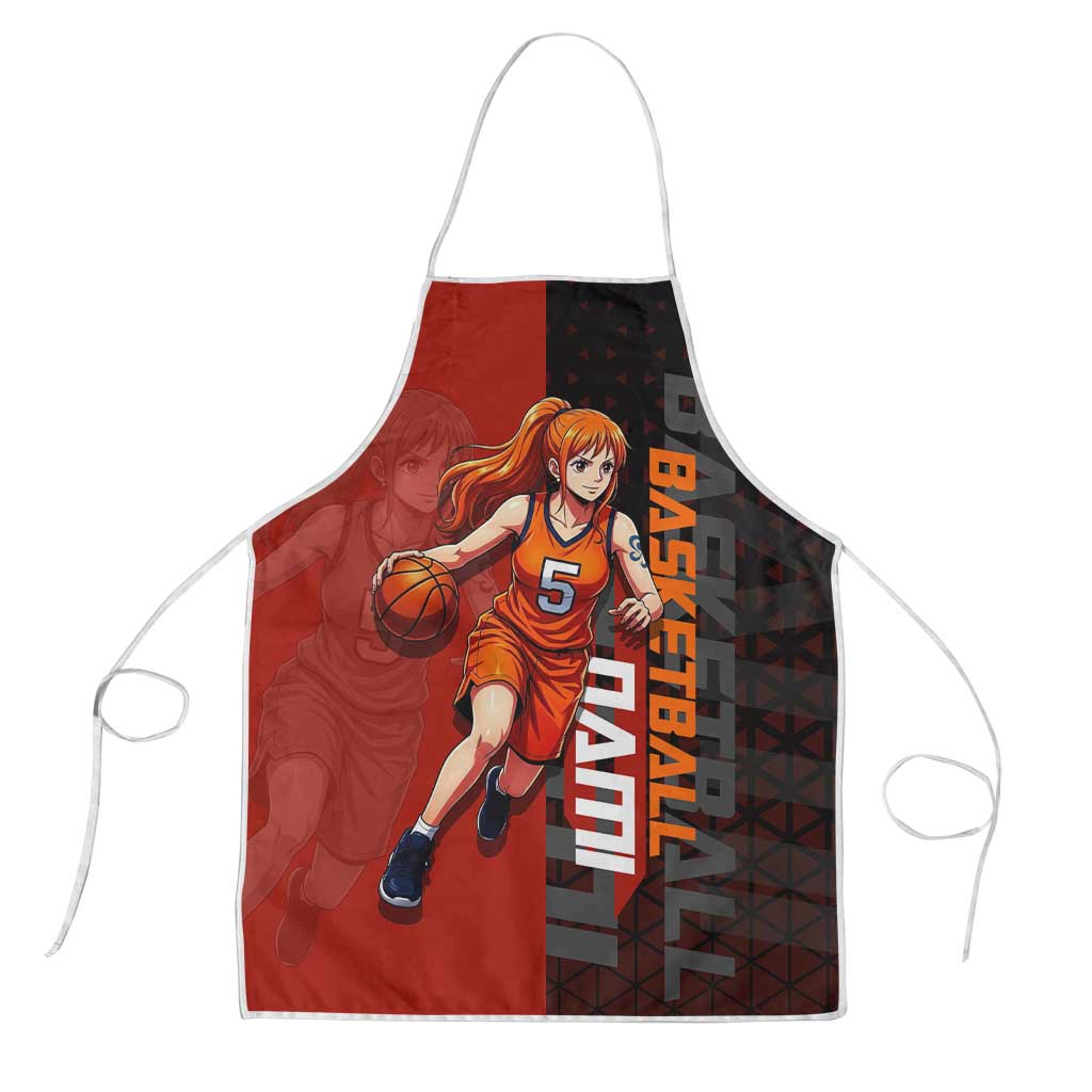 Nami One Piece Basketball Theme Red and Black Design Apron with Action Pose and Straw Hat Logo - The Mazicc