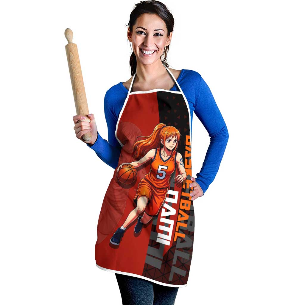 Nami One Piece Basketball Theme Red and Black Design Apron with Action Pose and Straw Hat Logo - The Mazicc