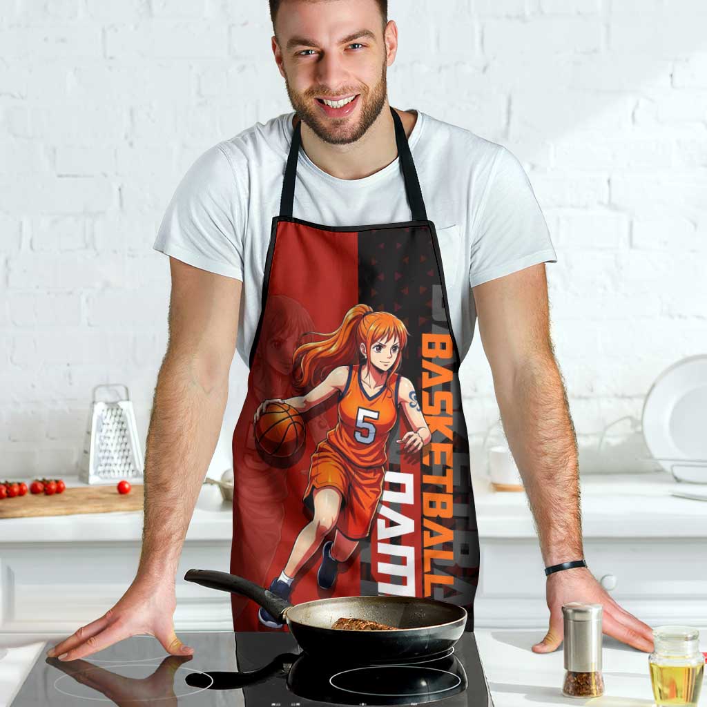 Nami One Piece Basketball Theme Red and Black Design Apron with Action Pose and Straw Hat Logo - The Mazicc