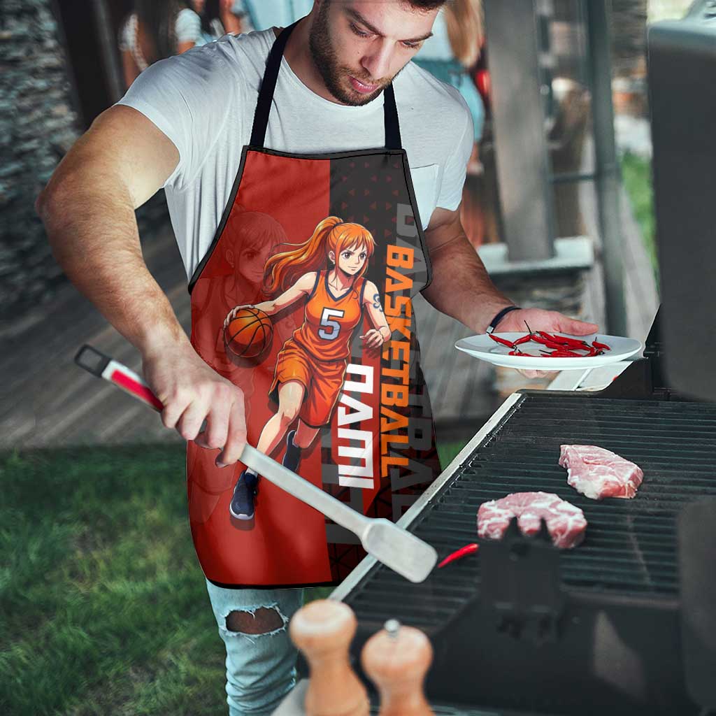 Nami One Piece Basketball Theme Red and Black Design Apron with Action Pose and Straw Hat Logo - The Mazicc