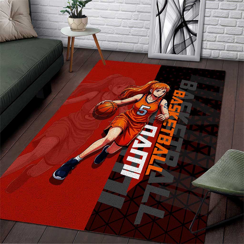 Nami One Piece Basketball Theme Red and Black Design Area Rug with Action Pose and Straw Hat Logo - The Mazicc