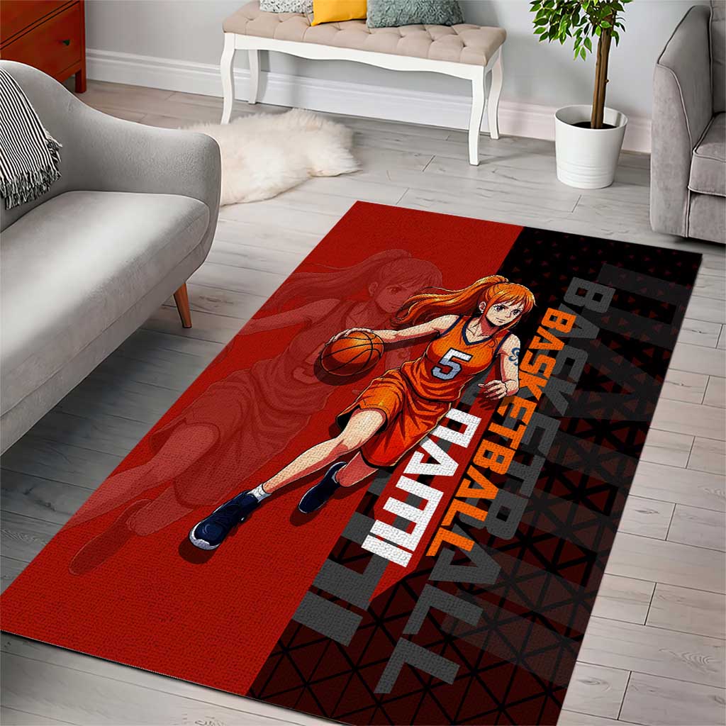Nami One Piece Basketball Theme Red and Black Design Area Rug with Action Pose and Straw Hat Logo - The Mazicc