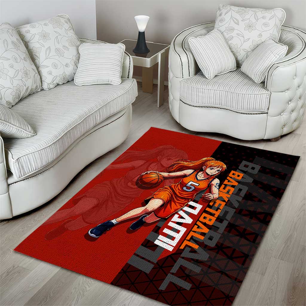 Nami One Piece Basketball Theme Red and Black Design Area Rug with Action Pose and Straw Hat Logo - The Mazicc