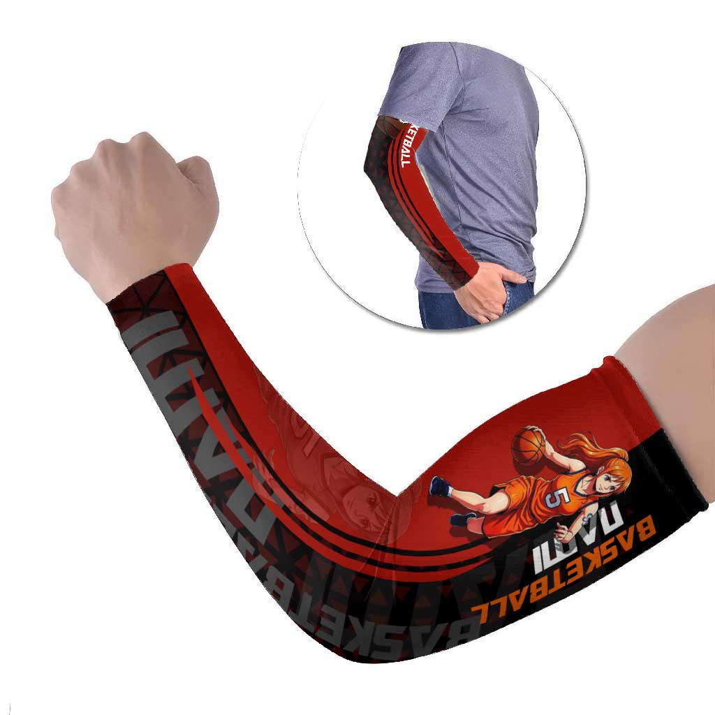 Nami One Piece Basketball Theme Red and Black Design Arm Sleeves with Action Pose and Straw Hat Logo - The Mazicc