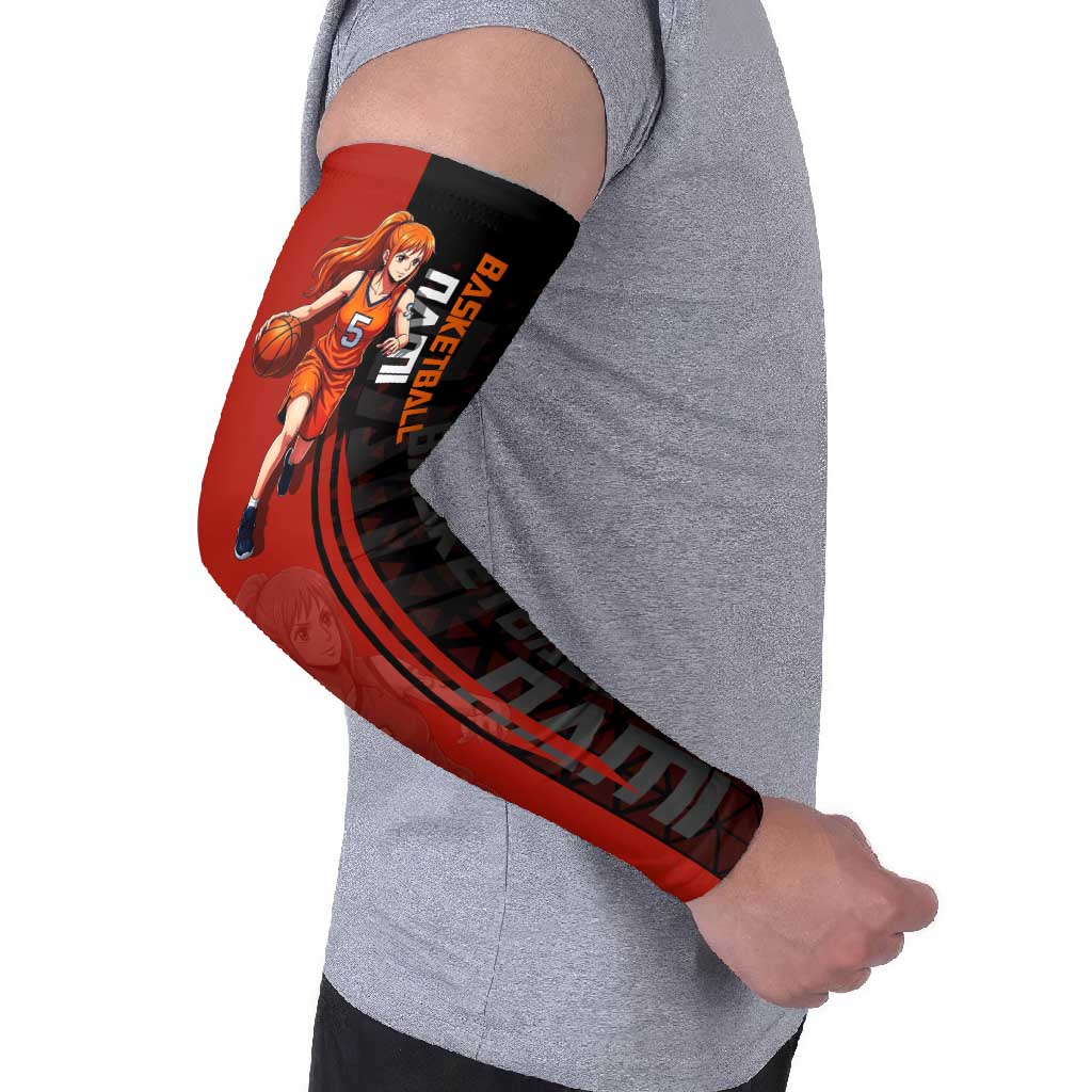 Nami One Piece Basketball Theme Red and Black Design Arm Sleeves with Action Pose and Straw Hat Logo - The Mazicc