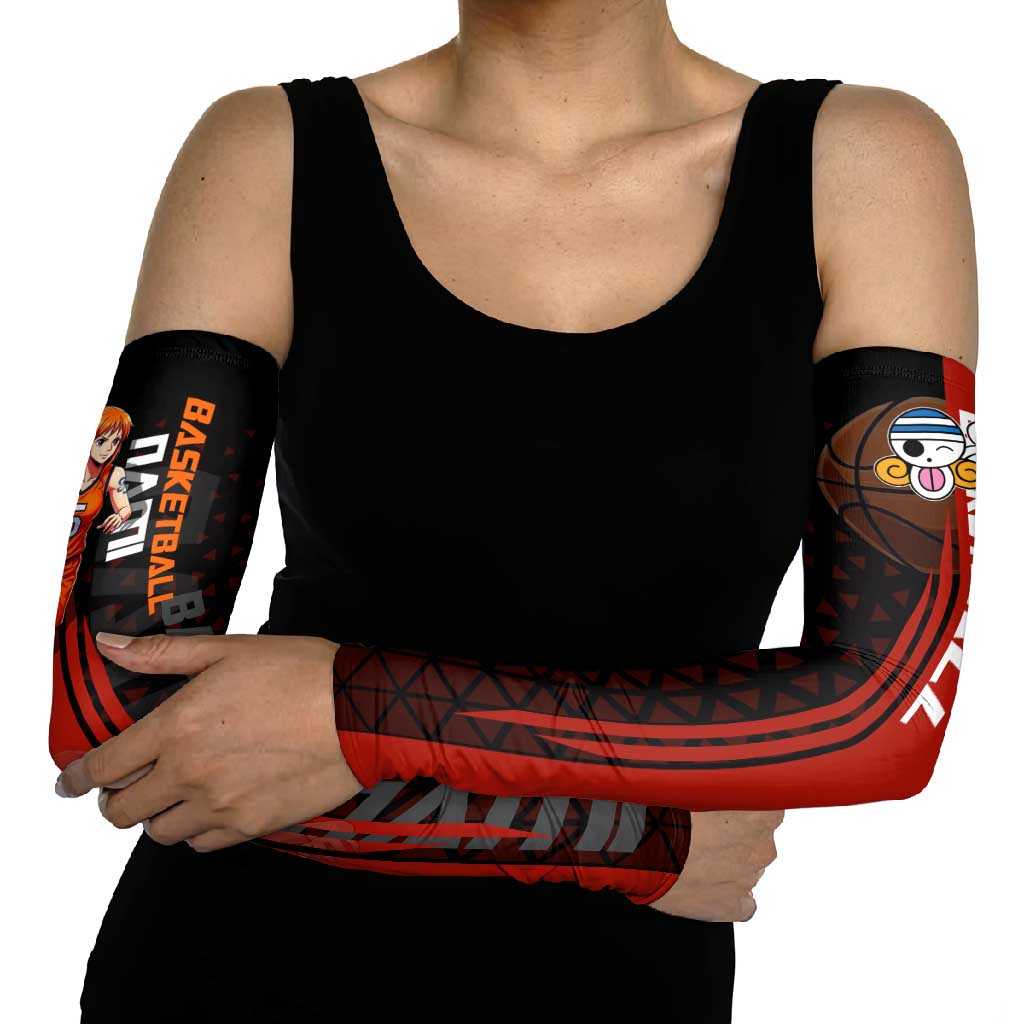 Nami One Piece Basketball Theme Red and Black Design Arm Sleeves with Action Pose and Straw Hat Logo - The Mazicc