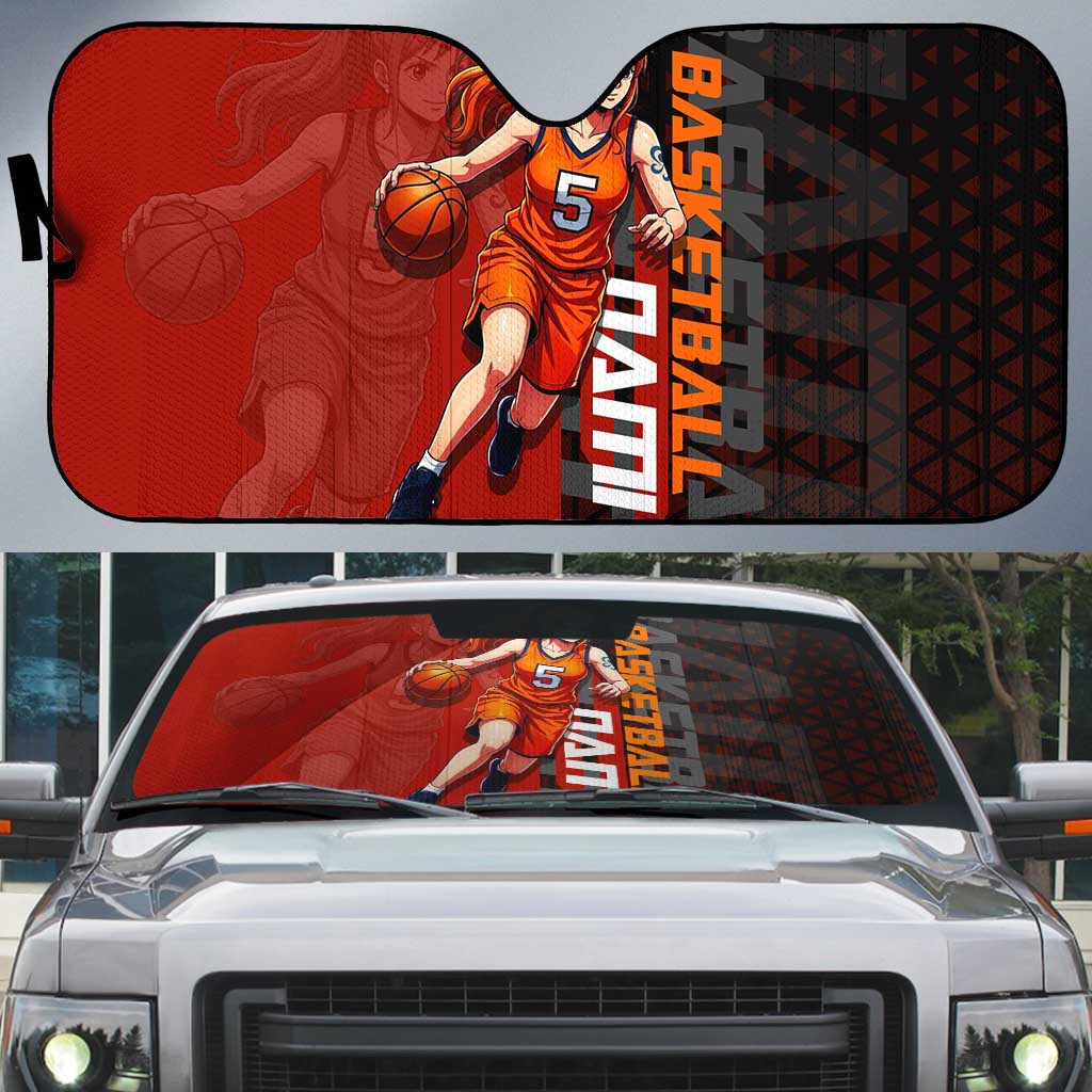 Nami One Piece Basketball Theme Red and Black Design Auto Sun Shade with Action Pose and Straw Hat Logo - The Mazicc