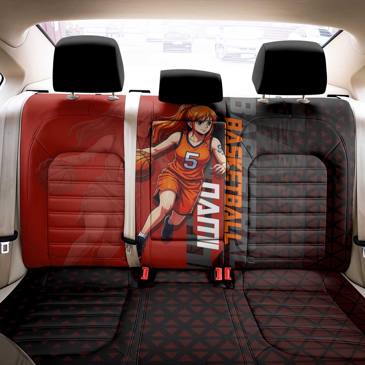 Nami One Piece Basketball Theme Red and Black Design Back Car Seat Cover with Action Pose and Straw Hat Logo - The Mazicc