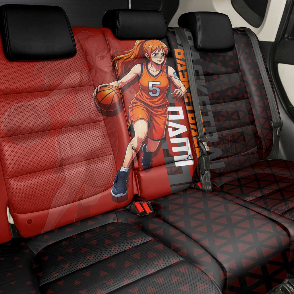 Nami One Piece Basketball Theme Red and Black Design Back Car Seat Cover with Action Pose and Straw Hat Logo - The Mazicc