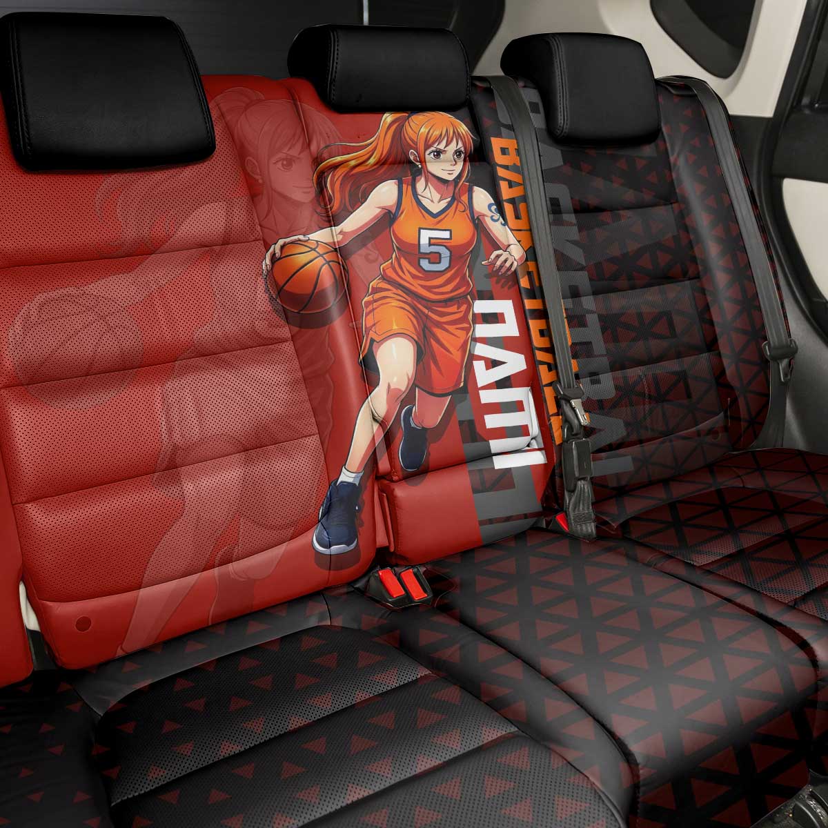 Nami One Piece Basketball Theme Red and Black Design Back Car Seat Cover with Action Pose and Straw Hat Logo - The Mazicc