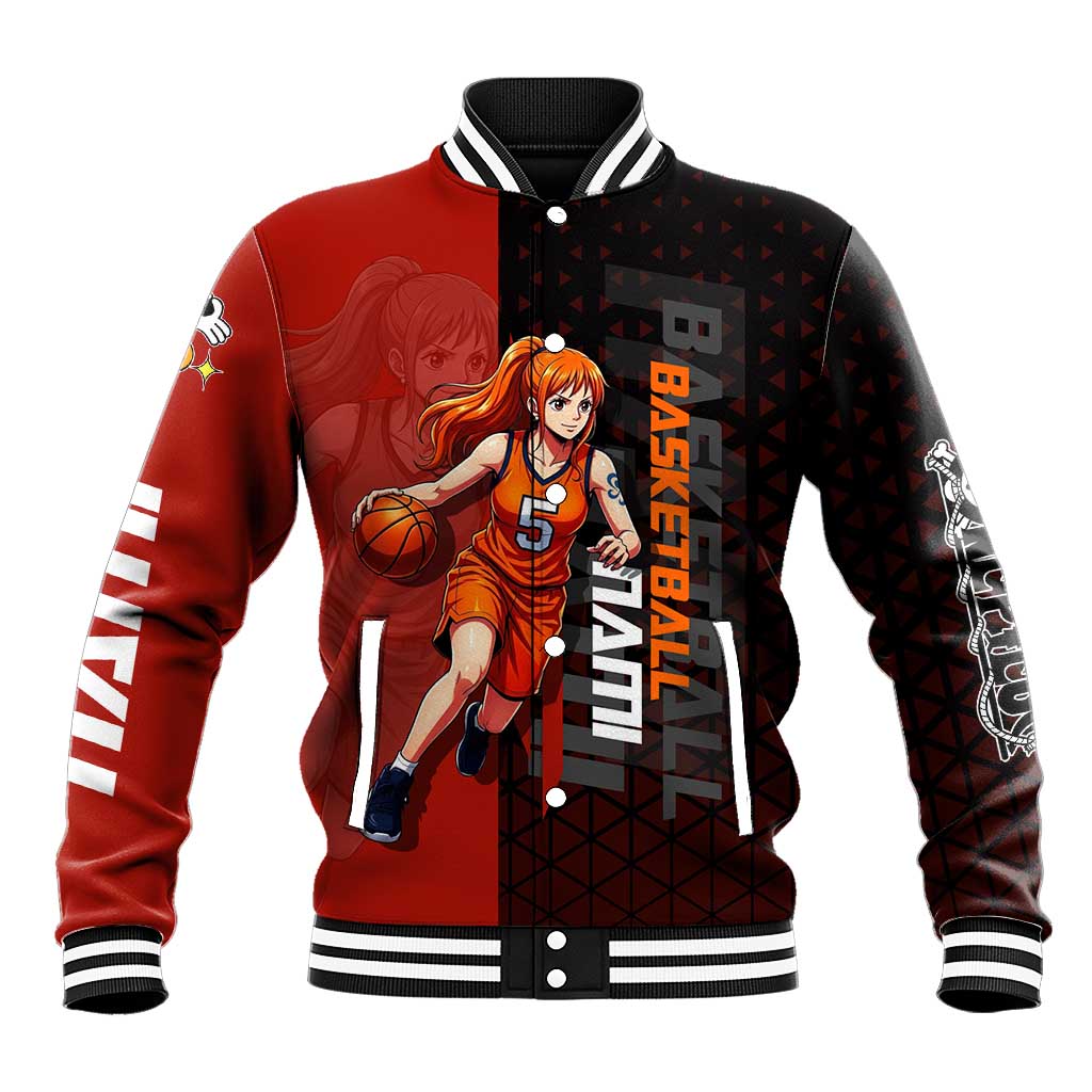 Nami One Piece Basketball Theme Red and Black Design Baseball Jacket with Action Pose and Straw Hat Logo - The Mazicc