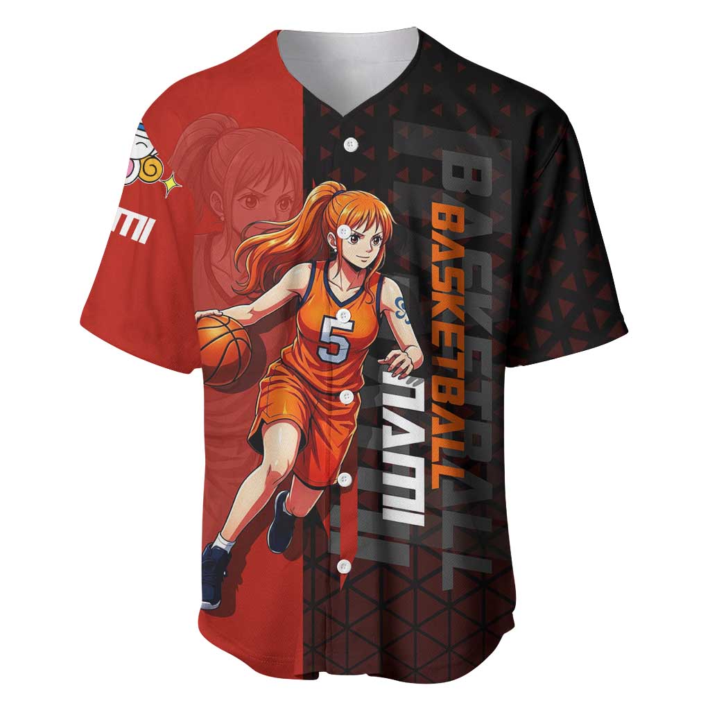 Nami One Piece Basketball Theme Red and Black Design Baseball Jersey with Action Pose and Straw Hat Logo - The Mazicc
