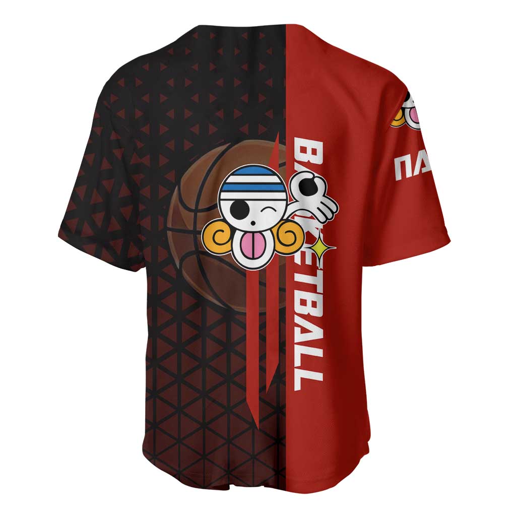 Nami One Piece Basketball Theme Red and Black Design Baseball Jersey with Action Pose and Straw Hat Logo - The Mazicc