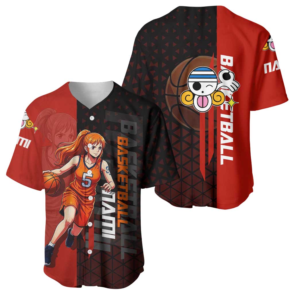 Nami One Piece Basketball Theme Red and Black Design Baseball Jersey with Action Pose and Straw Hat Logo - The Mazicc