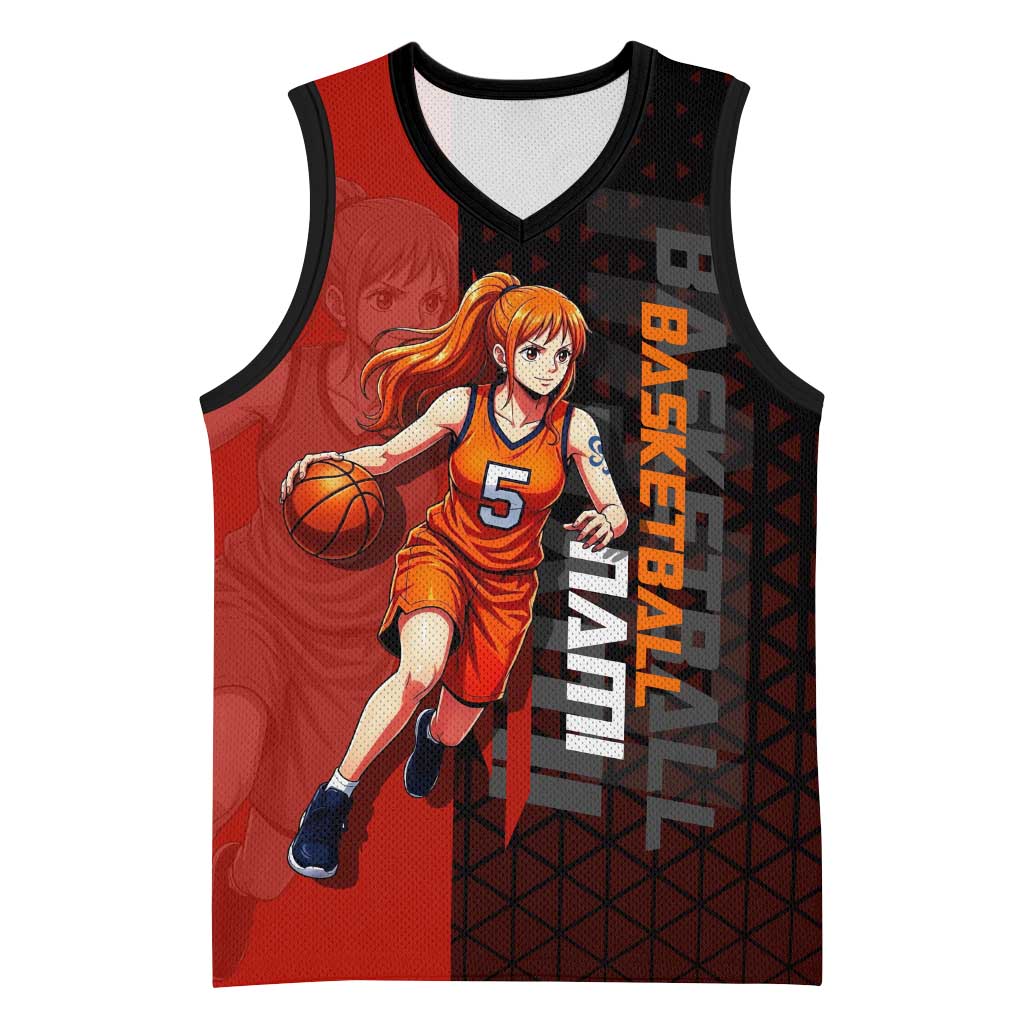 Nami One Piece Basketball Theme Red and Black Design Basketball Jersey with Action Pose and Straw Hat Logo - The Mazicc