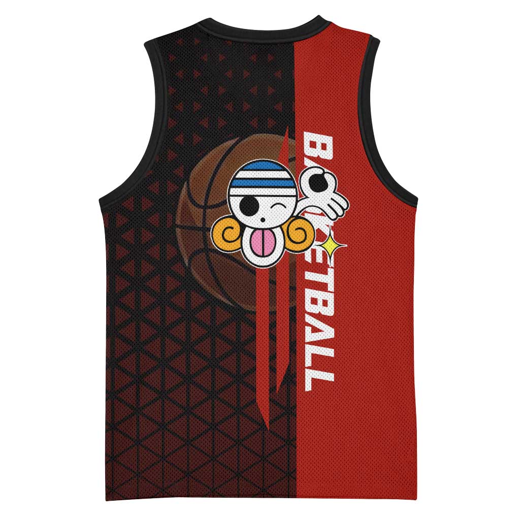 Nami One Piece Basketball Theme Red and Black Design Basketball Jersey with Action Pose and Straw Hat Logo - The Mazicc