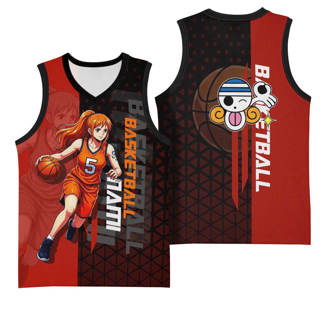 Nami One Piece Basketball Theme Red and Black Design Basketball Jersey with Action Pose and Straw Hat Logo - The Mazicc