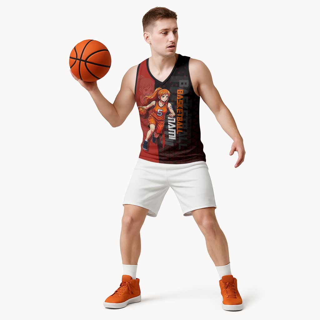 Nami One Piece Basketball Theme Red and Black Design Basketball Jersey with Action Pose and Straw Hat Logo - The Mazicc