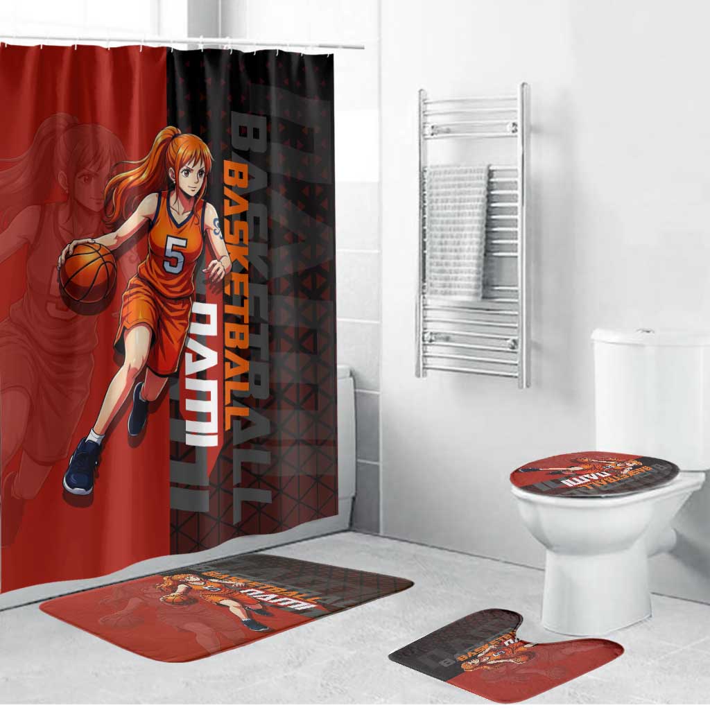 Nami One Piece Basketball Theme Red and Black Design Bathroom Set with Action Pose and Straw Hat Logo - The Mazicc