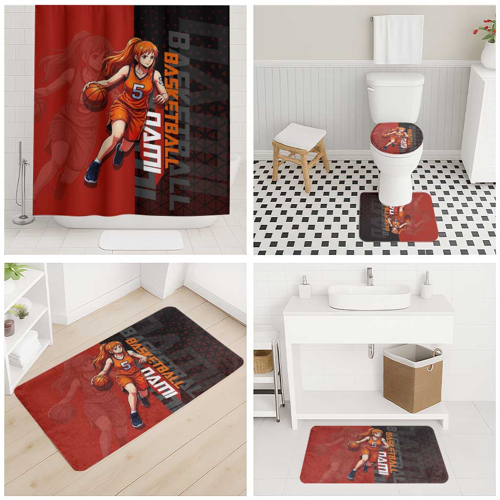 Nami One Piece Basketball Theme Red and Black Design Bathroom Set with Action Pose and Straw Hat Logo - The Mazicc