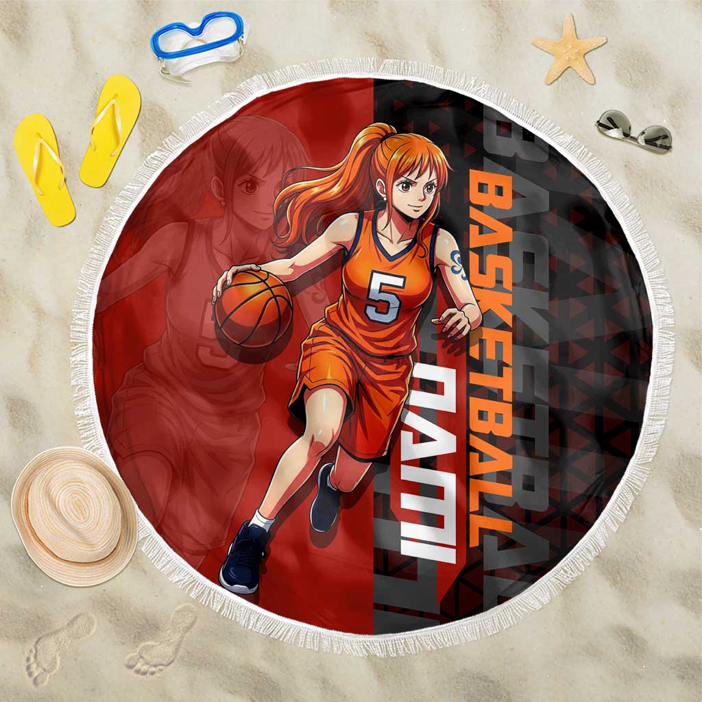 Nami One Piece Basketball Theme Red and Black Design Beach Blanket with Action Pose and Straw Hat Logo - The Mazicc