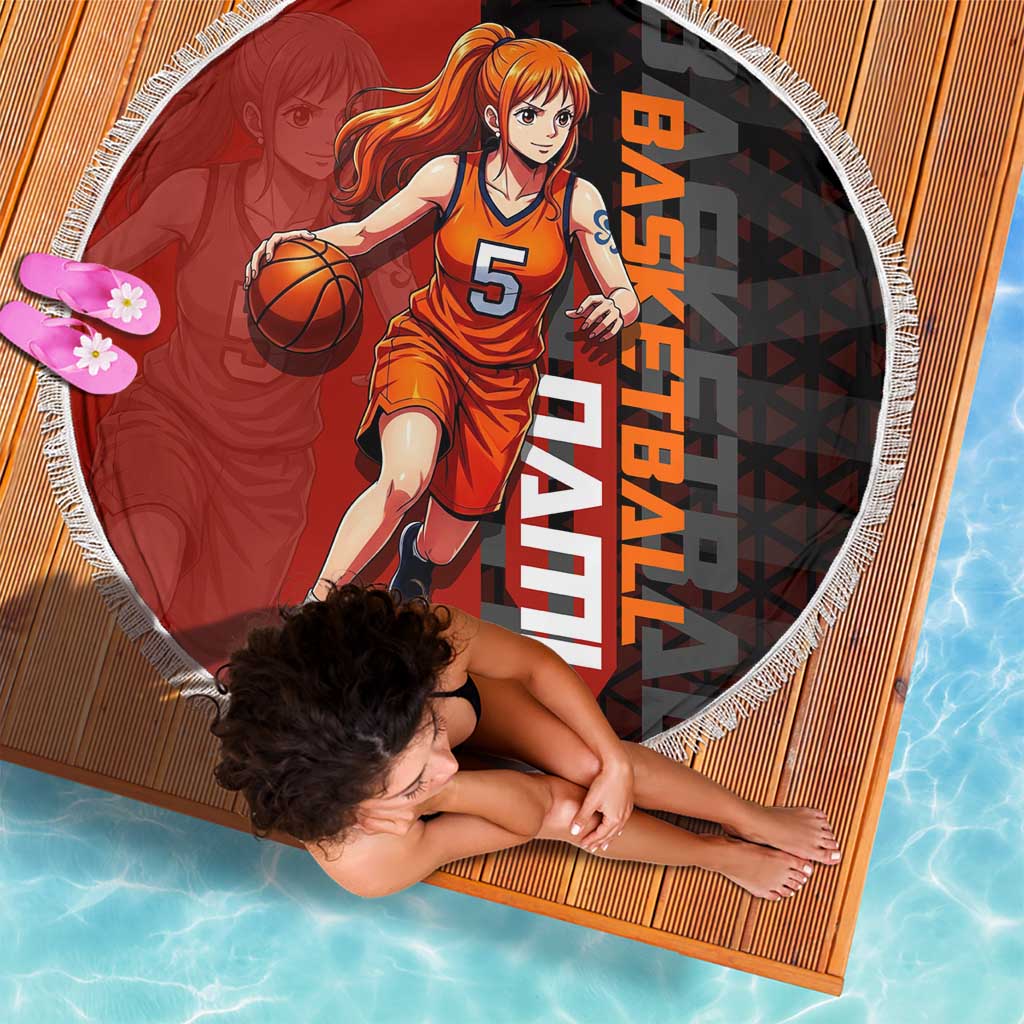 Nami One Piece Basketball Theme Red and Black Design Beach Blanket with Action Pose and Straw Hat Logo - The Mazicc