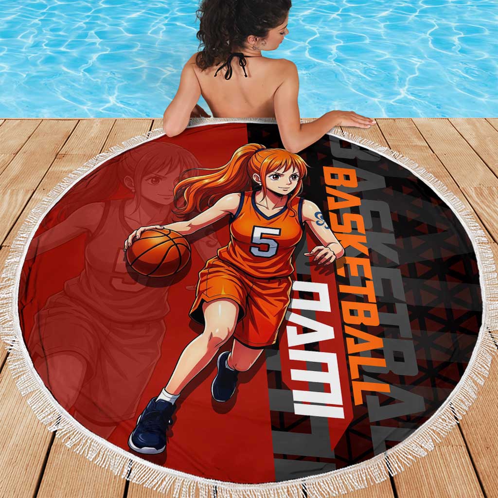 Nami One Piece Basketball Theme Red and Black Design Beach Blanket with Action Pose and Straw Hat Logo - The Mazicc