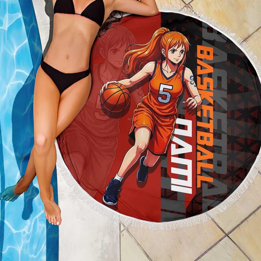 Nami One Piece Basketball Theme Red and Black Design Beach Blanket with Action Pose and Straw Hat Logo - The Mazicc