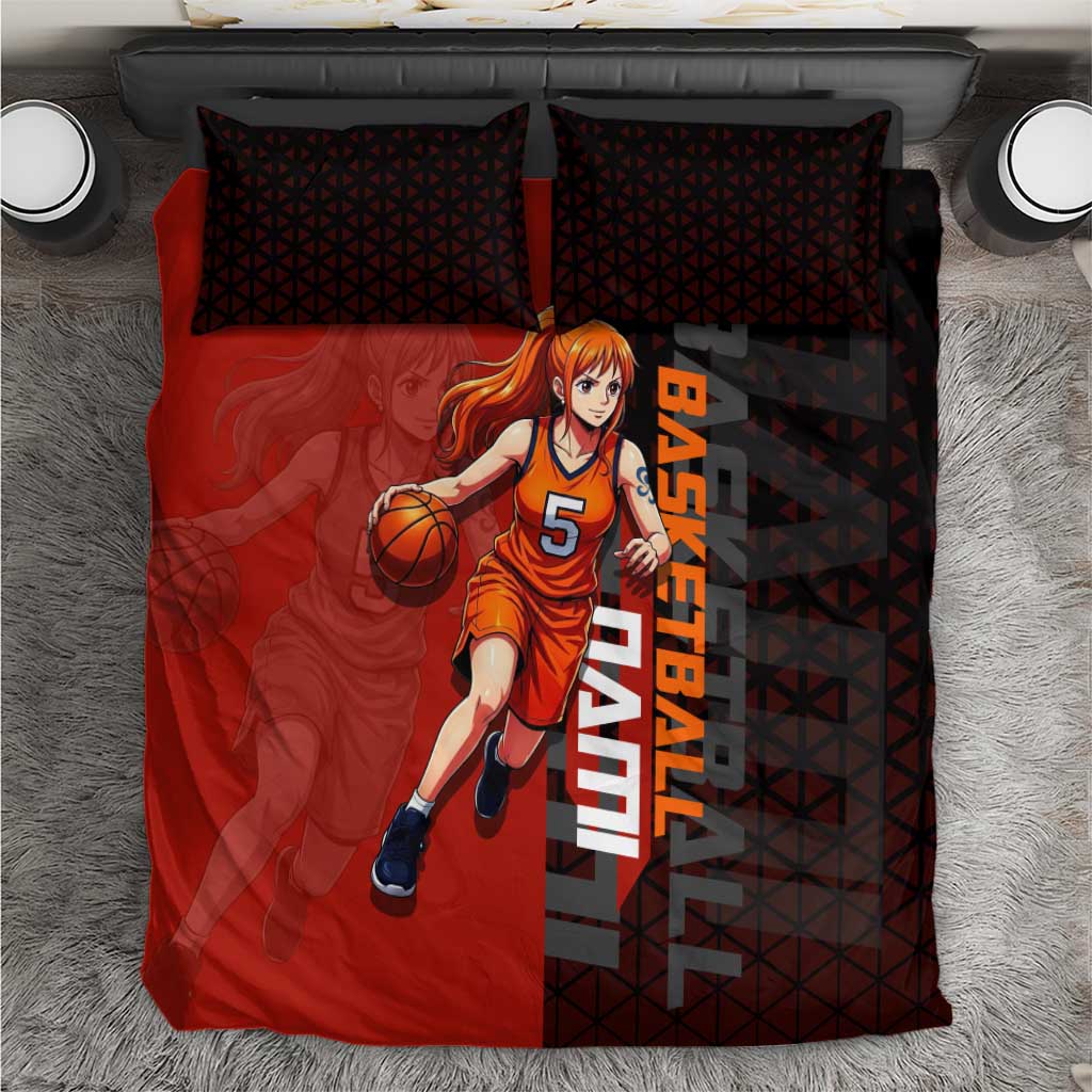 Nami One Piece Basketball Theme Red and Black Design Bedding Set with Action Pose and Straw Hat Logo - The Mazicc
