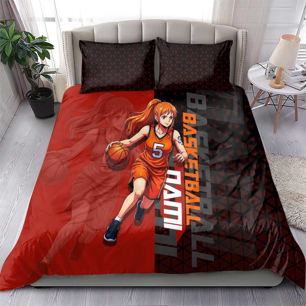 Nami One Piece Basketball Theme Red and Black Design Bedding Set with Action Pose and Straw Hat Logo - The Mazicc
