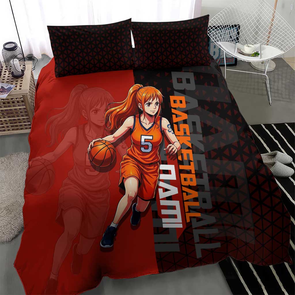 Nami One Piece Basketball Theme Red and Black Design Bedding Set with Action Pose and Straw Hat Logo - The Mazicc
