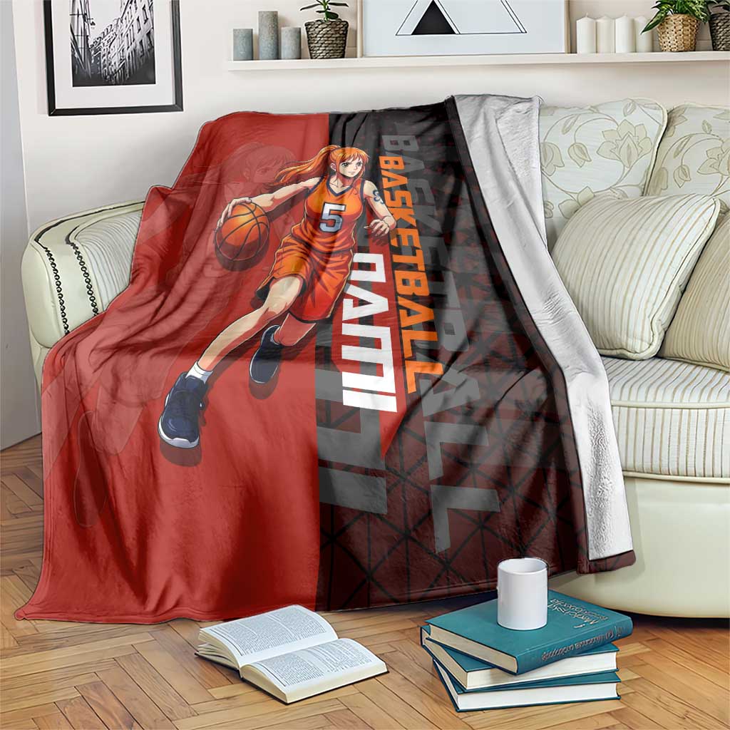 Nami One Piece Basketball Theme Red and Black Design Blanket with Action Pose and Straw Hat Logo - The Mazicc
