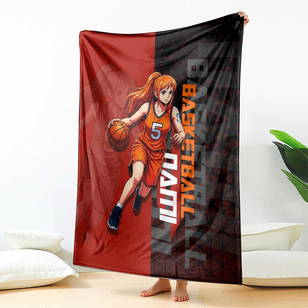 Nami One Piece Basketball Theme Red and Black Design Blanket with Action Pose and Straw Hat Logo - The Mazicc