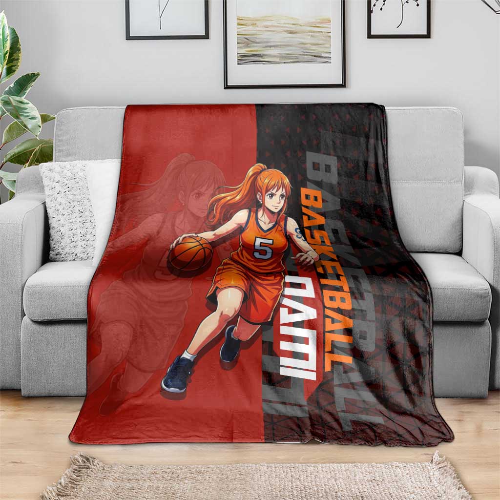Nami One Piece Basketball Theme Red and Black Design Blanket with Action Pose and Straw Hat Logo - The Mazicc
