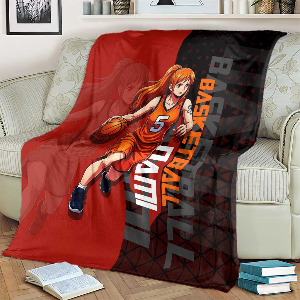 Nami One Piece Basketball Theme Red and Black Design Blanket with Action Pose and Straw Hat Logo - The Mazicc