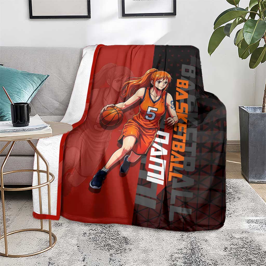 Nami One Piece Basketball Theme Red and Black Design Blanket with Action Pose and Straw Hat Logo - The Mazicc