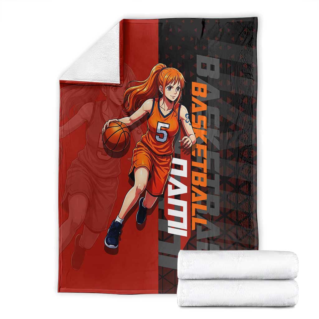 Nami One Piece Basketball Theme Red and Black Design Blanket with Action Pose and Straw Hat Logo - The Mazicc