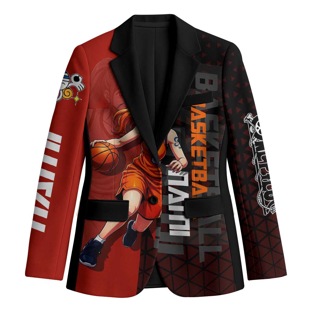 Nami One Piece Basketball Theme Red and Black Design Blazer with Action Pose and Straw Hat Logo - The Mazicc