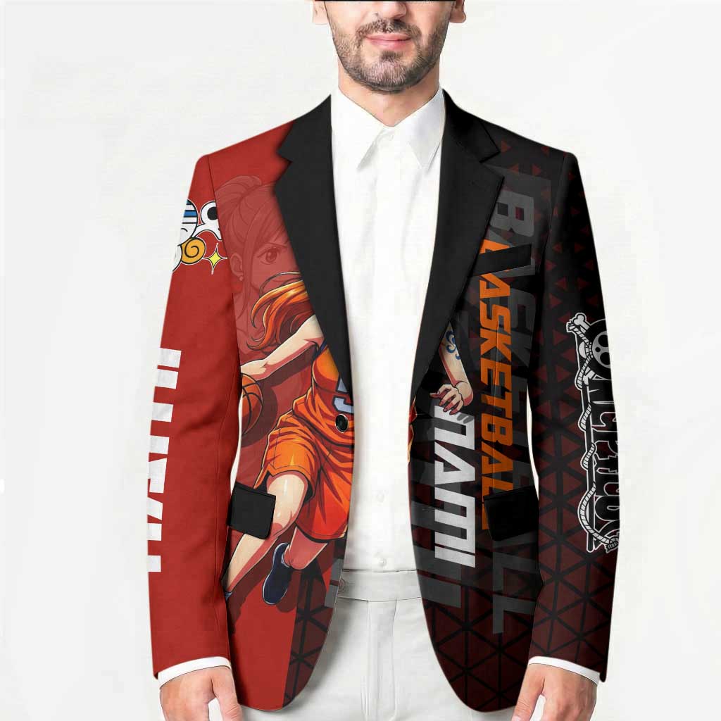 Nami One Piece Basketball Theme Red and Black Design Blazer with Action Pose and Straw Hat Logo - The Mazicc