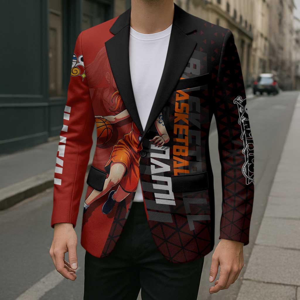 Nami One Piece Basketball Theme Red and Black Design Blazer with Action Pose and Straw Hat Logo - The Mazicc