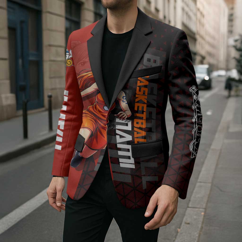 Nami One Piece Basketball Theme Red and Black Design Blazer with Action Pose and Straw Hat Logo - The Mazicc