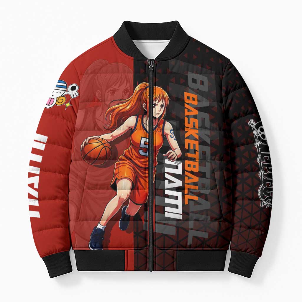 Nami One Piece Basketball Theme Red and Black Design Bomber Puffer Jacket with Action Pose and Straw Hat Logo - The Mazicc