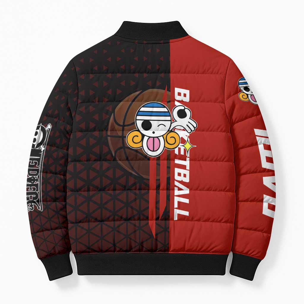 Nami One Piece Basketball Theme Red and Black Design Bomber Puffer Jacket with Action Pose and Straw Hat Logo - The Mazicc