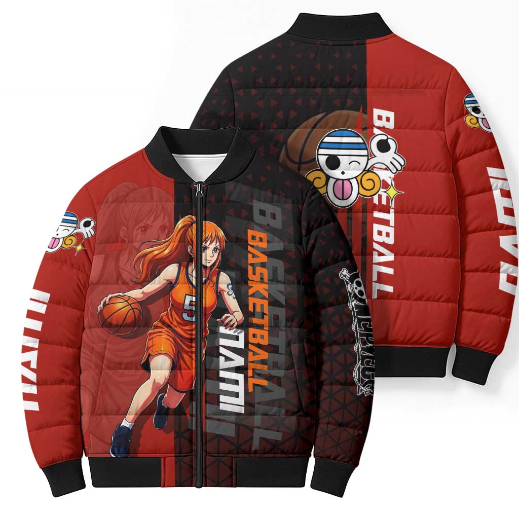Nami One Piece Basketball Theme Red and Black Design Bomber Puffer Jacket with Action Pose and Straw Hat Logo - The Mazicc