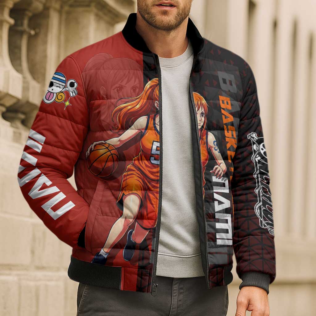 Nami One Piece Basketball Theme Red and Black Design Bomber Puffer Jacket with Action Pose and Straw Hat Logo - The Mazicc