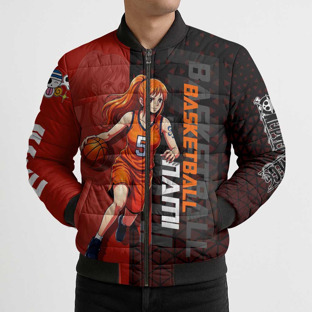 Nami One Piece Basketball Theme Red and Black Design Bomber Puffer Jacket with Action Pose and Straw Hat Logo - The Mazicc