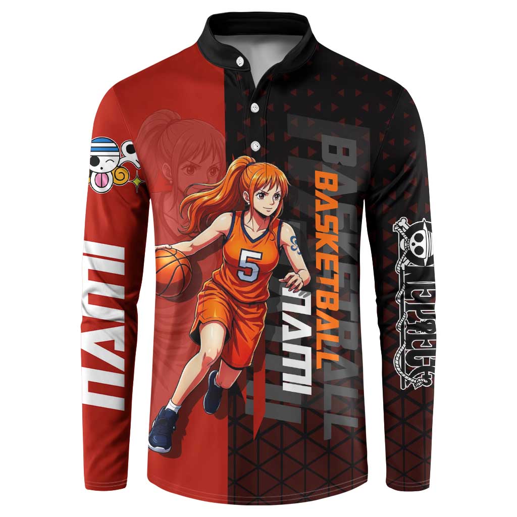 Nami One Piece Basketball Theme Red and Black Design Button Sweatshirt with Action Pose and Straw Hat Logo - The Mazicc