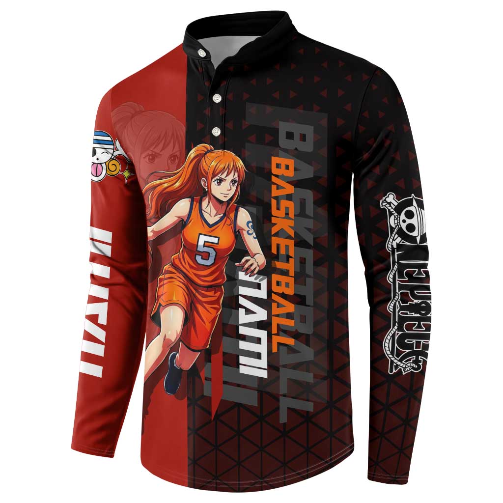 Nami One Piece Basketball Theme Red and Black Design Button Sweatshirt with Action Pose and Straw Hat Logo - The Mazicc