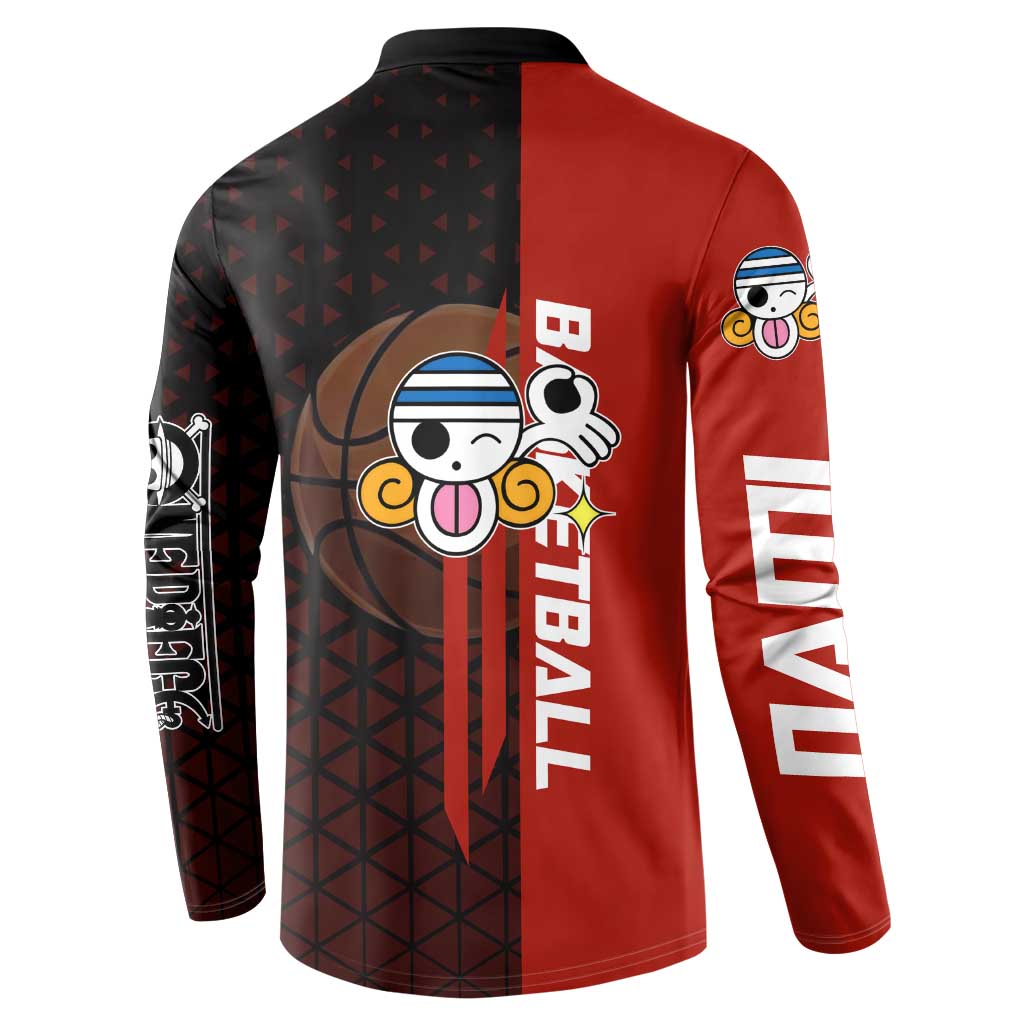 Nami One Piece Basketball Theme Red and Black Design Button Sweatshirt with Action Pose and Straw Hat Logo - The Mazicc